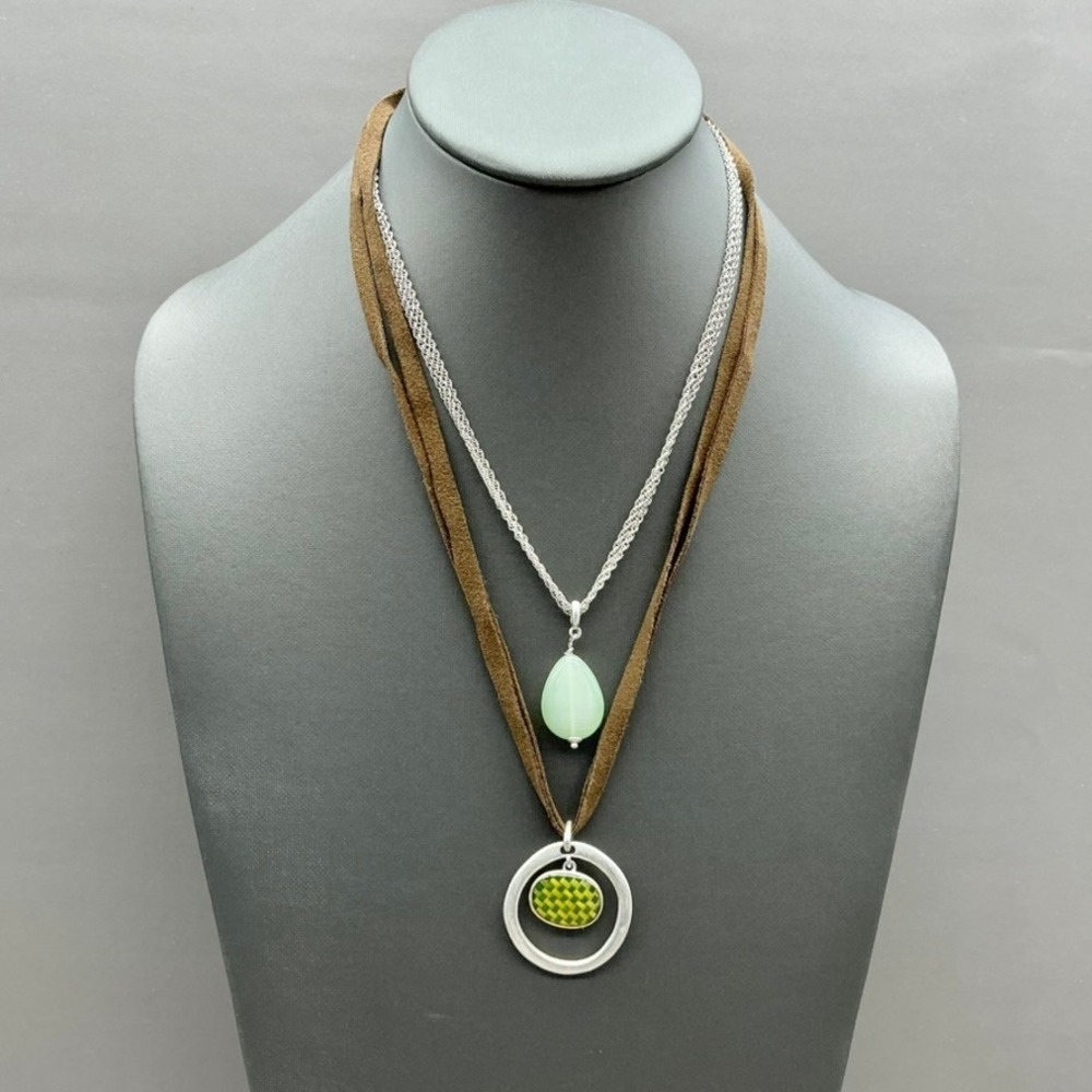 Liz Claiborne Necklace Women Green Silver Brown Layered Faux Suede Multi-Strand